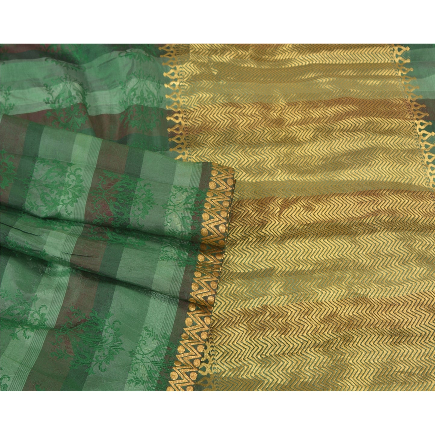 Sanskriti Vintage Green Heavy Indian Sarees Pure Silk Woven Brocade Sari Sustainable Fabric