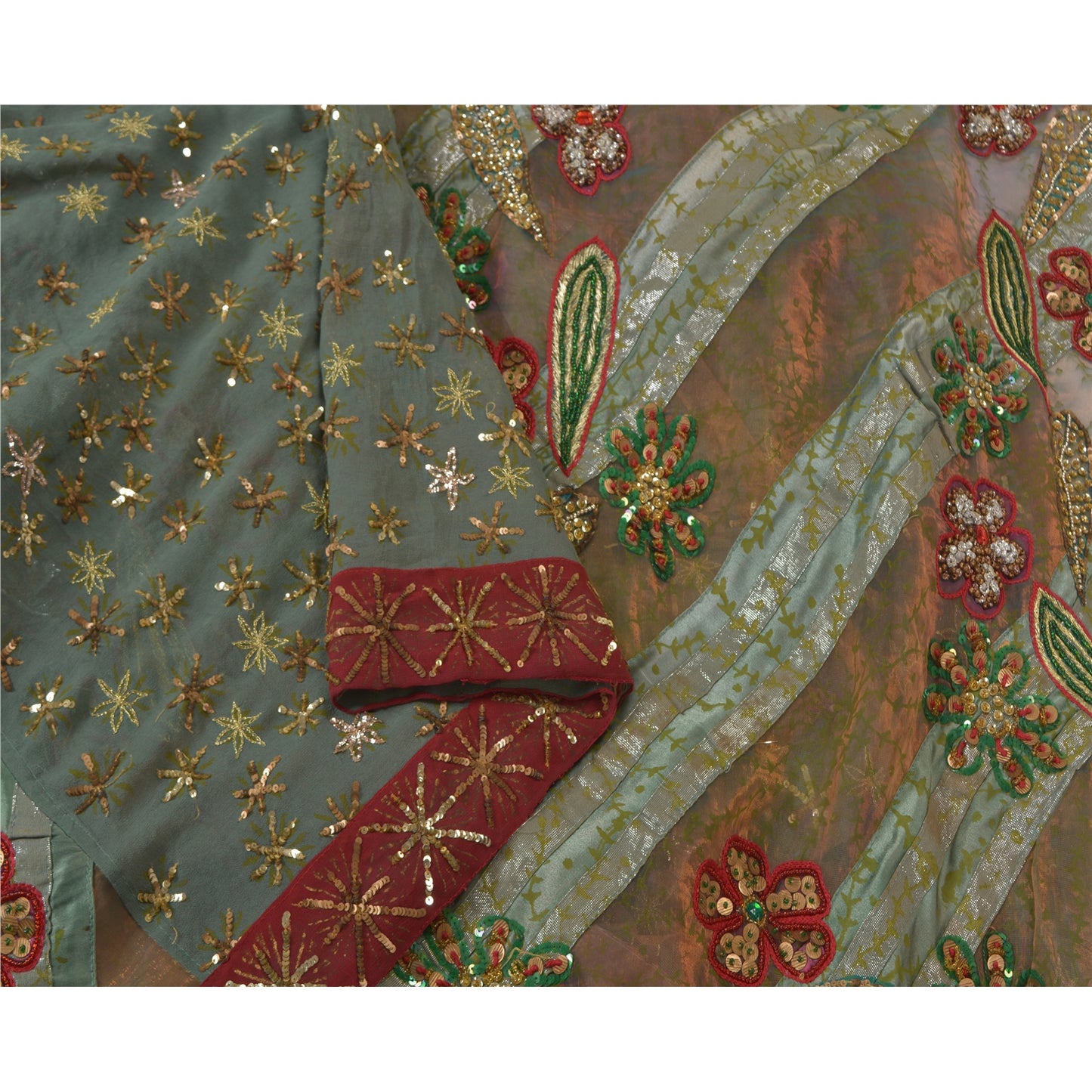 Sanskriti Vintage Green Heavy Indian Sarees Net Mesh Hand Beaded Sari Sustainable Fabric