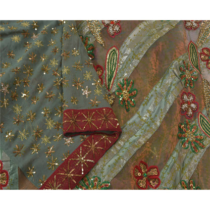 Sanskriti Vintage Green Heavy Indian Sarees Net Mesh Hand Beaded Sari Sustainable Fabric