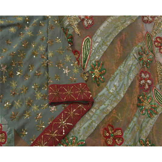 Sanskriti Vintage Green Heavy Indian Sarees Net Mesh Hand Beaded Sari Sustainable Fabric