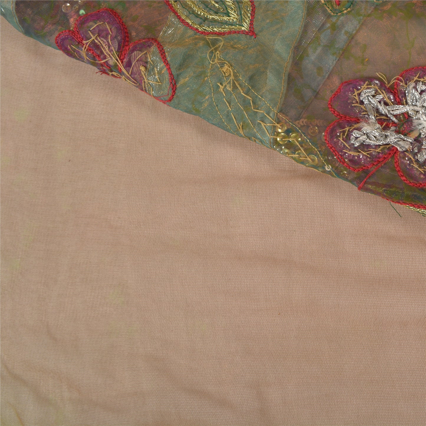 Sanskriti Vintage Green Heavy Indian Sarees Net Mesh Hand Beaded Sari Sustainable Fabric