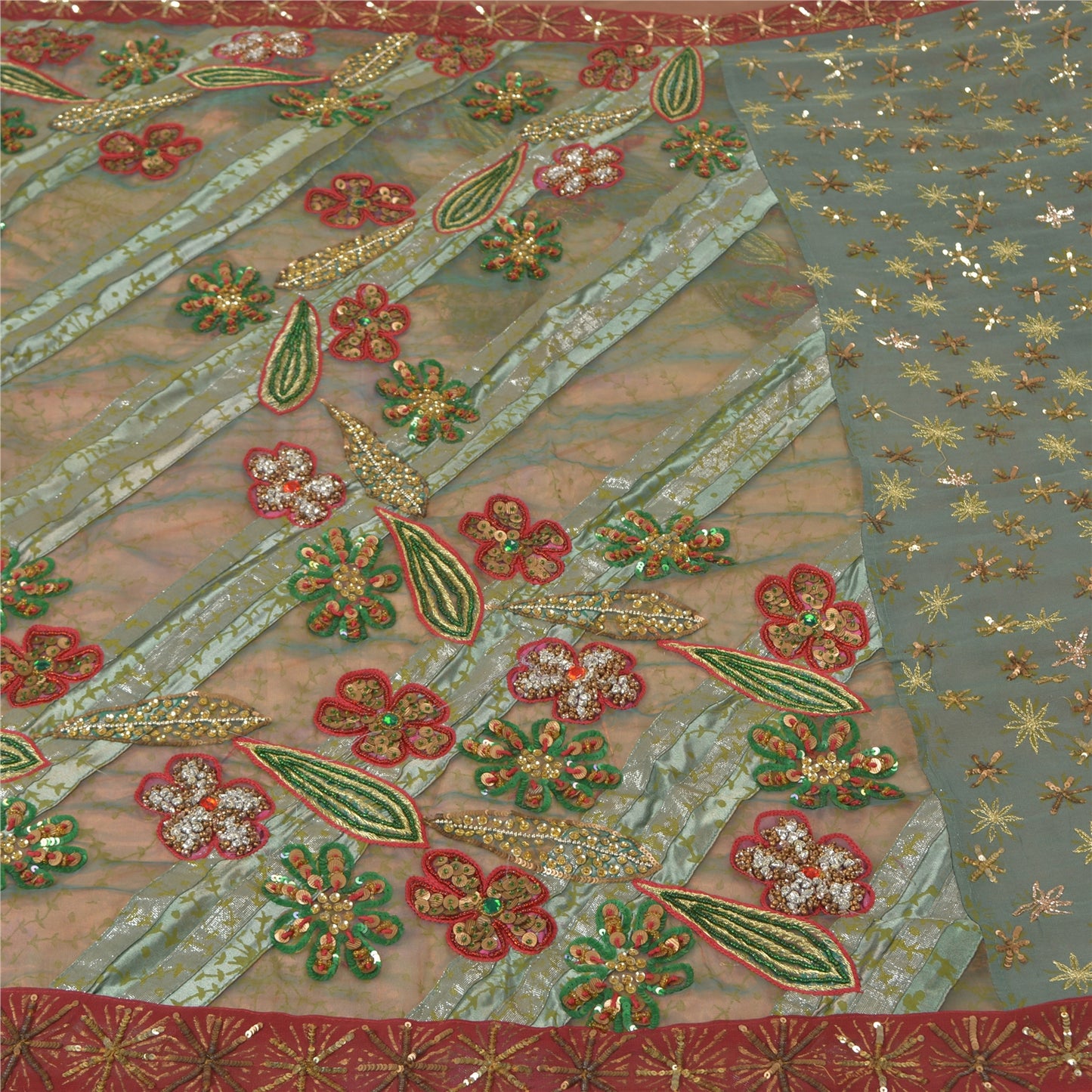 Sanskriti Vintage Green Heavy Indian Sarees Net Mesh Hand Beaded Sari Sustainable Fabric