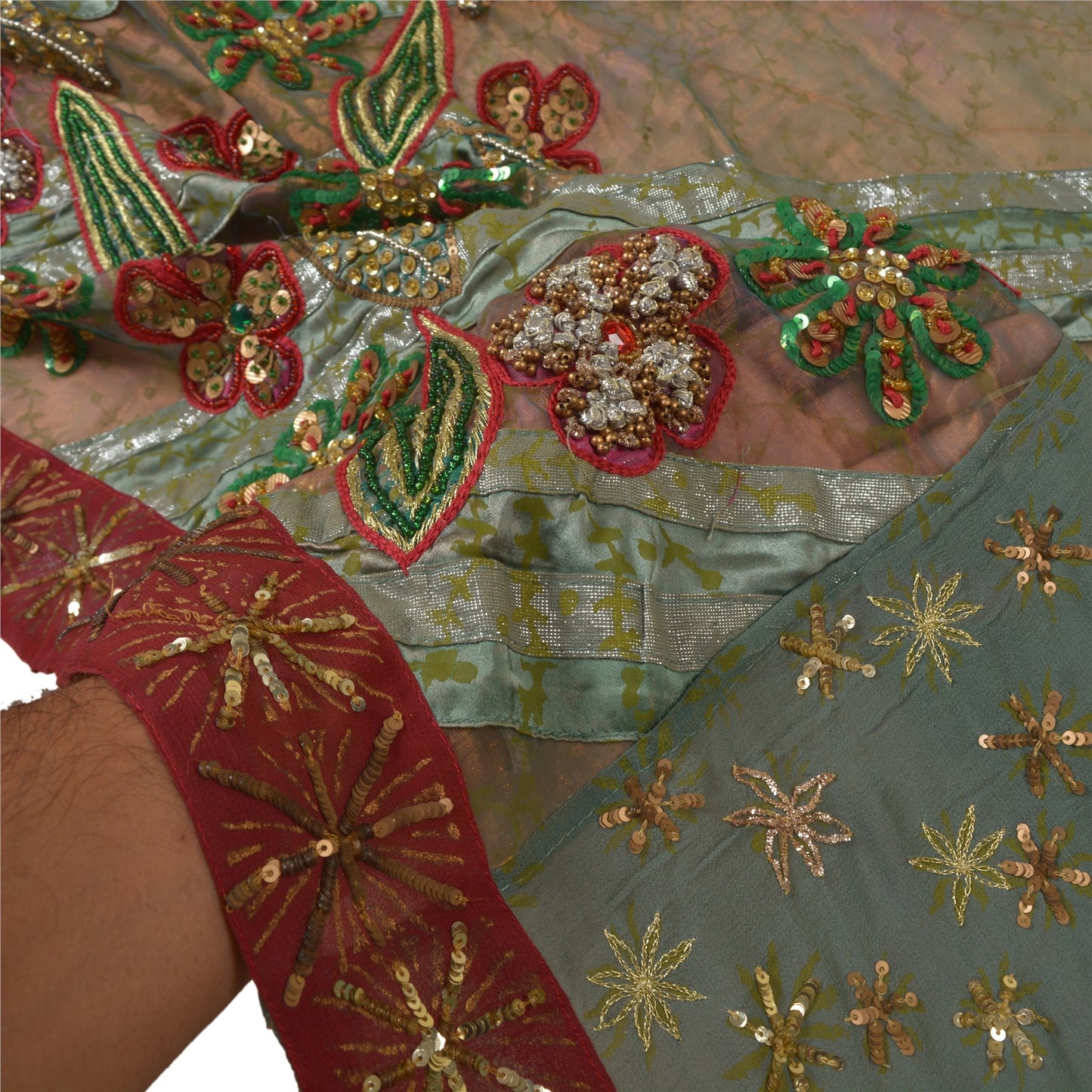 Sanskriti Vintage Green Heavy Indian Sarees Net Mesh Hand Beaded Sari Sustainable Fabric