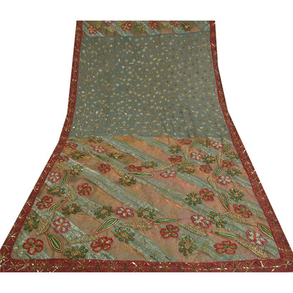 Sanskriti Vintage Green Heavy Indian Sarees Net Mesh Hand Beaded Sari Sustainable Fabric