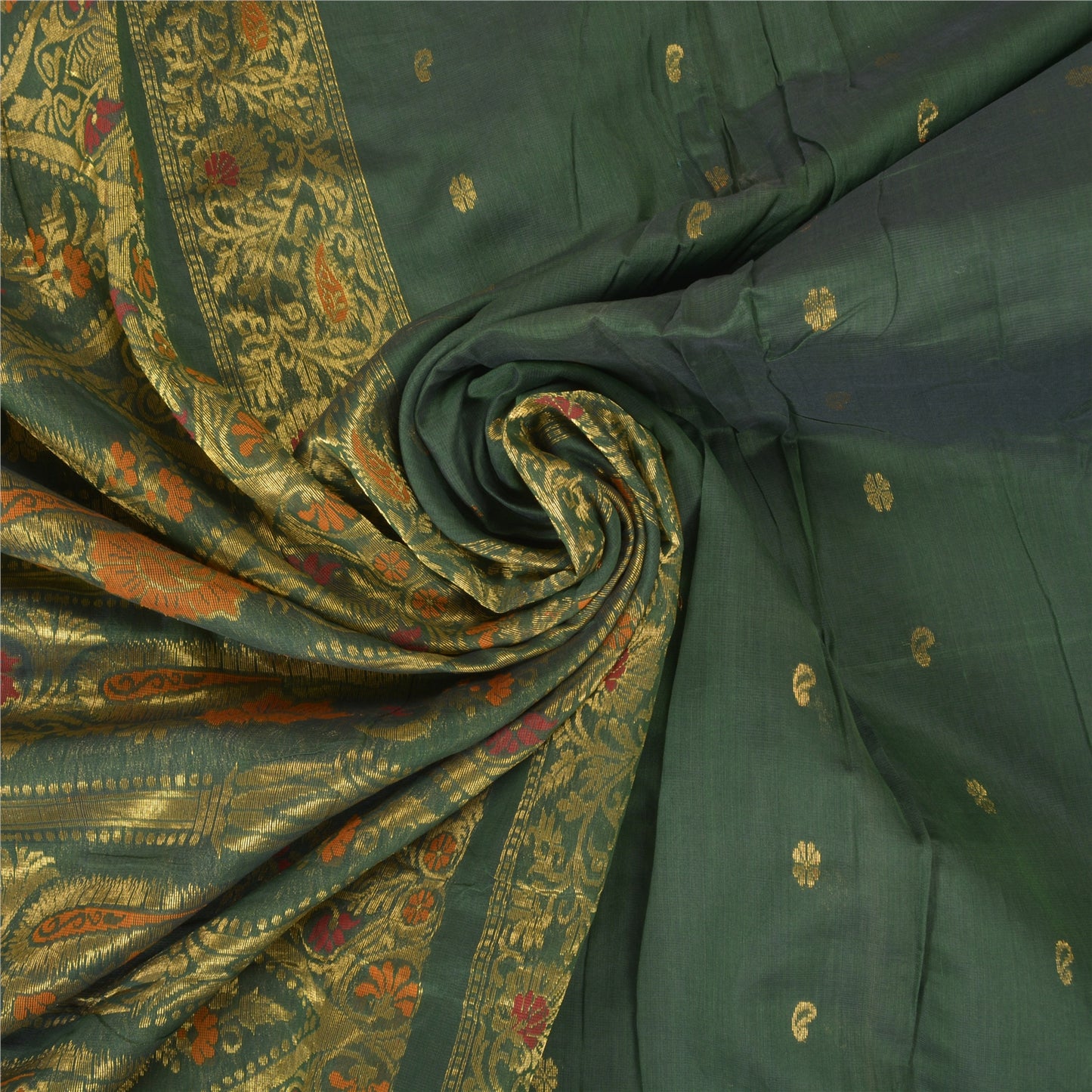 Sanskriti Vintage Green Heavy Sarees Cotton Silk Woven Brocade Sari Sustainable Fabric