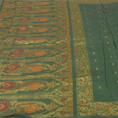 Sanskriti Vintage Green Heavy Sarees Cotton Silk Woven Brocade Sari Sustainable Fabric