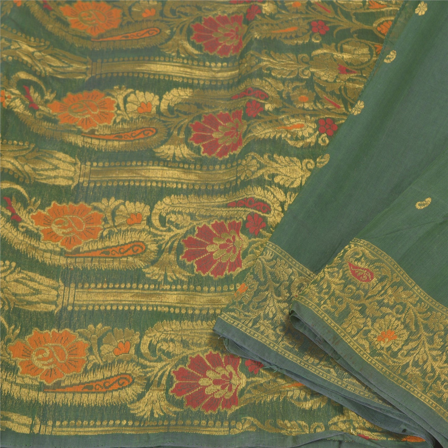 Sanskriti Vintage Green Heavy Sarees Cotton Silk Woven Brocade Sari Sustainable Fabric