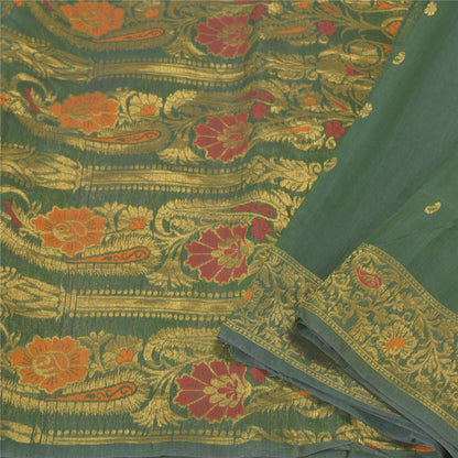 Sanskriti Vintage Green Heavy Sarees Cotton Silk Woven Brocade Sari Sustainable Fabric