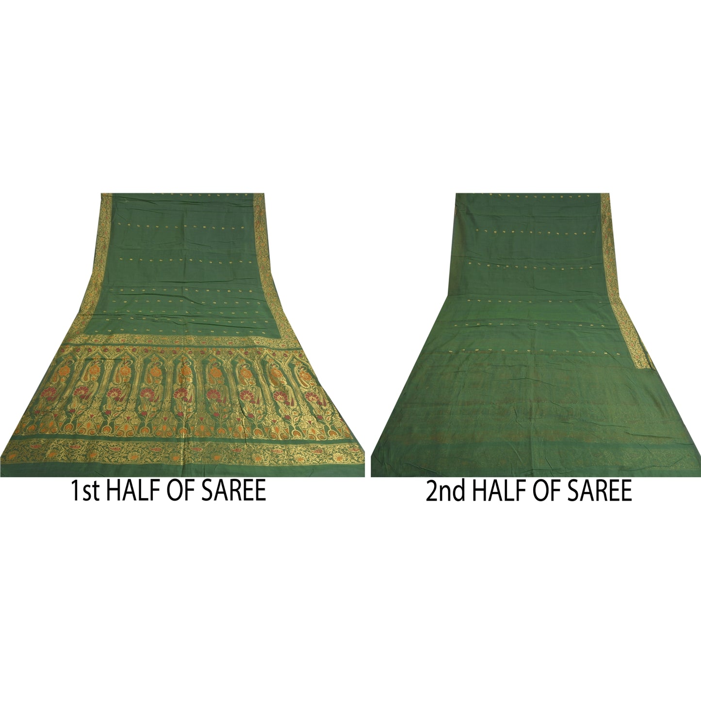 Sanskriti Vintage Green Heavy Sarees Cotton Silk Woven Brocade Sari Sustainable Fabric