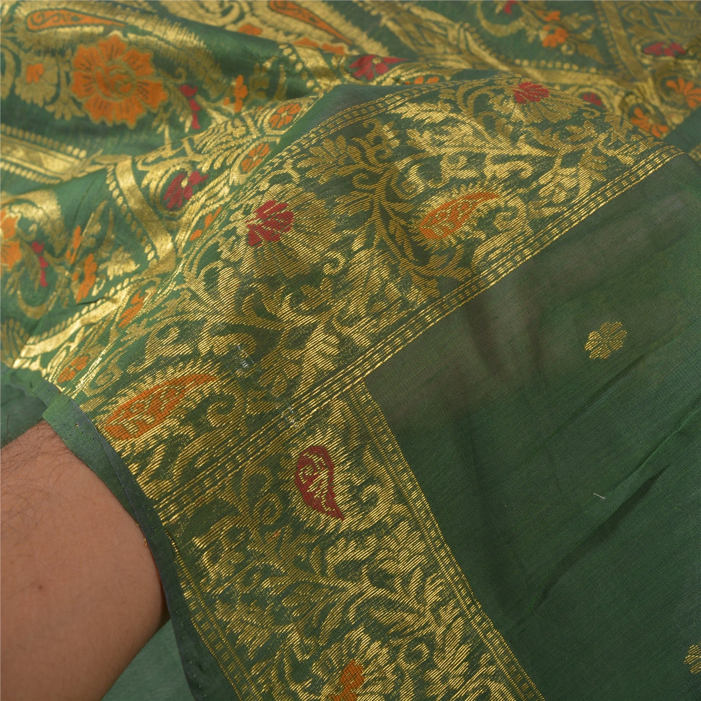 Sanskriti Vintage Green Heavy Sarees Cotton Silk Woven Brocade Sari Sustainable Fabric
