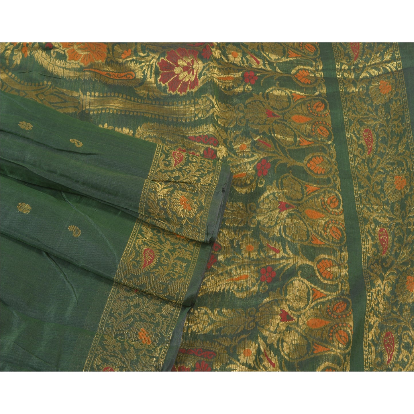 Sanskriti Vintage Green Heavy Sarees Cotton Silk Woven Brocade Sari Sustainable Fabric