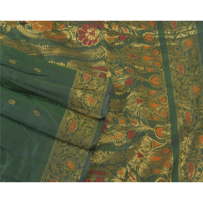 Sanskriti Vintage Green Heavy Sarees Cotton Silk Woven Brocade Sari Sustainable Fabric