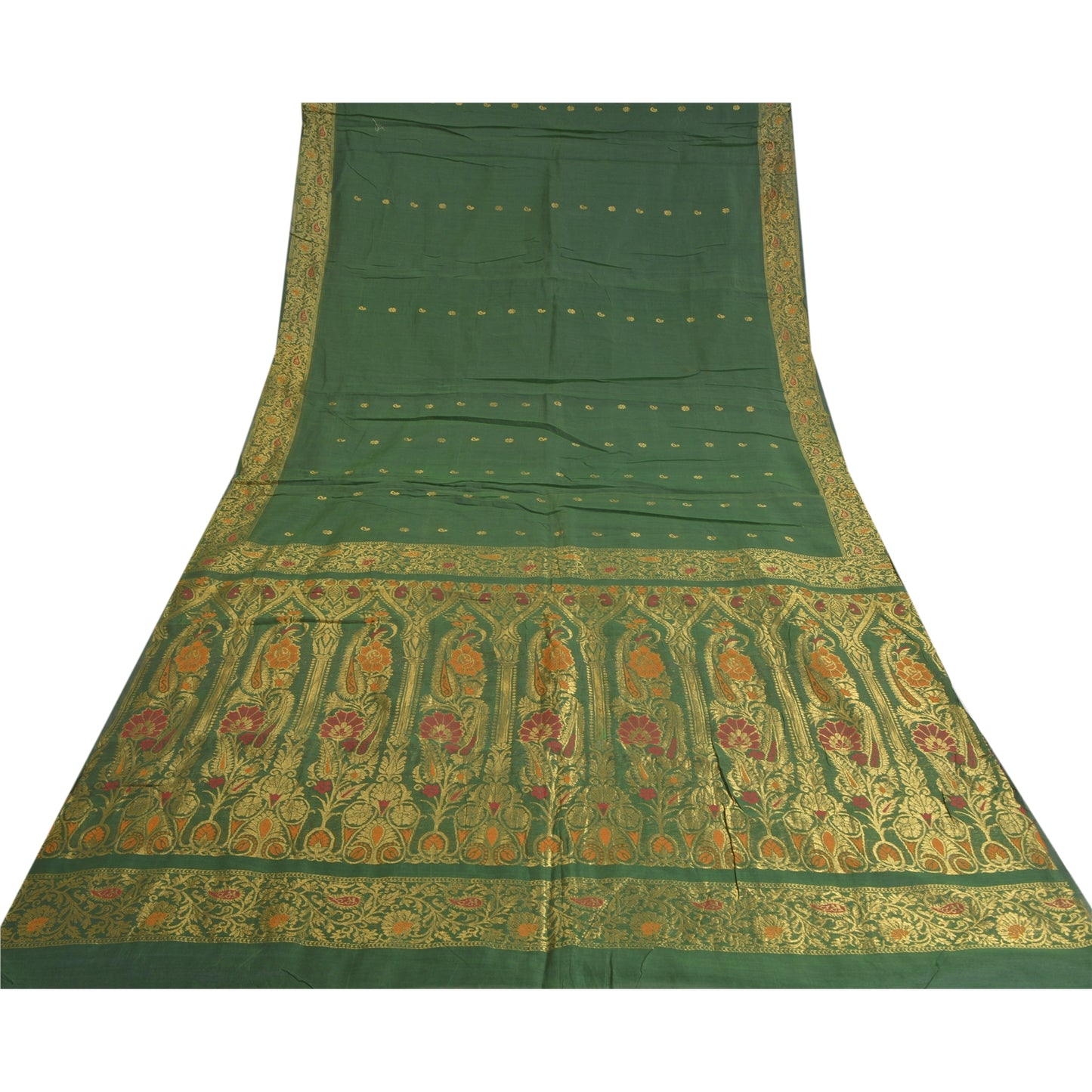 Sanskriti Vintage Green Heavy Sarees Cotton Silk Woven Brocade Sari Sustainable Fabric