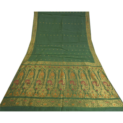 Sanskriti Vintage Green Heavy Sarees Cotton Silk Woven Brocade Sari Sustainable Fabric