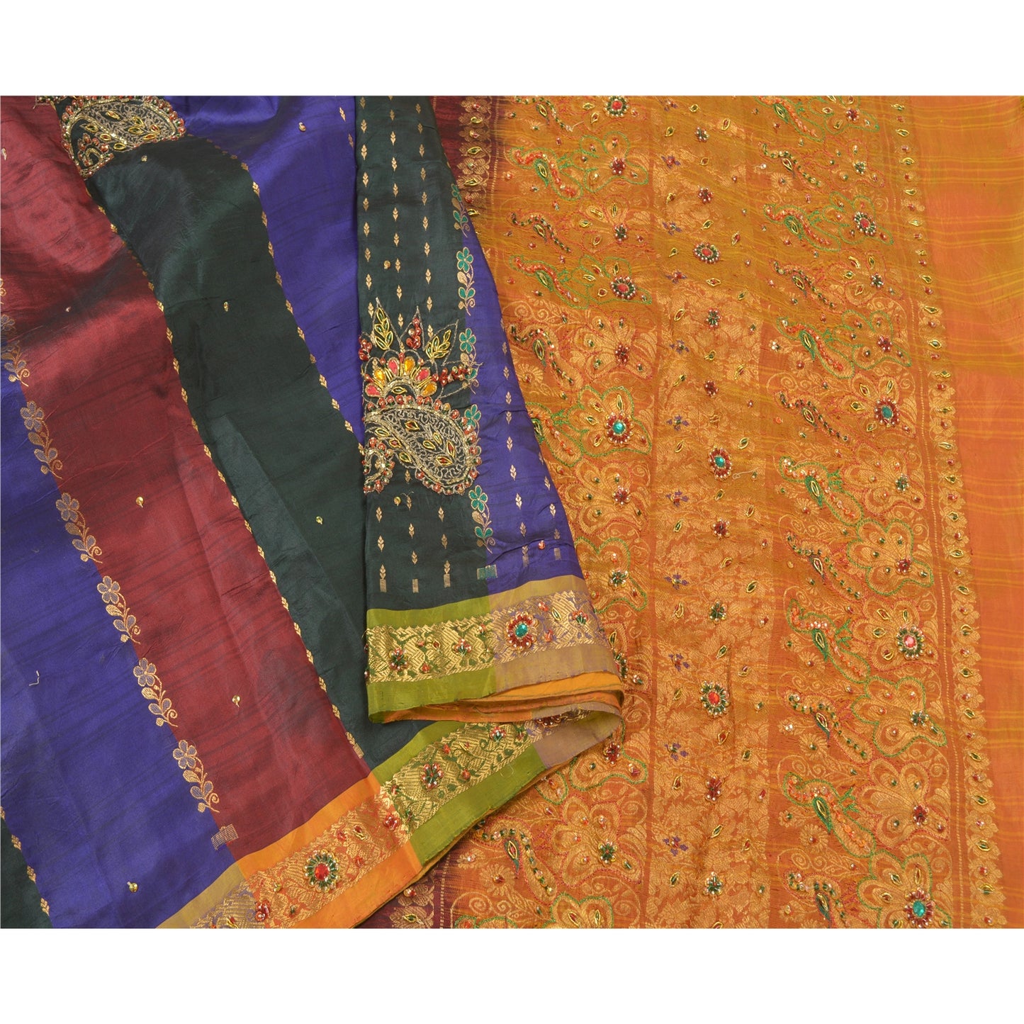 Sanskriti Vintage Sarees Woven Hand Beaded Pure Silk Sari Premium Sustainable Fabric