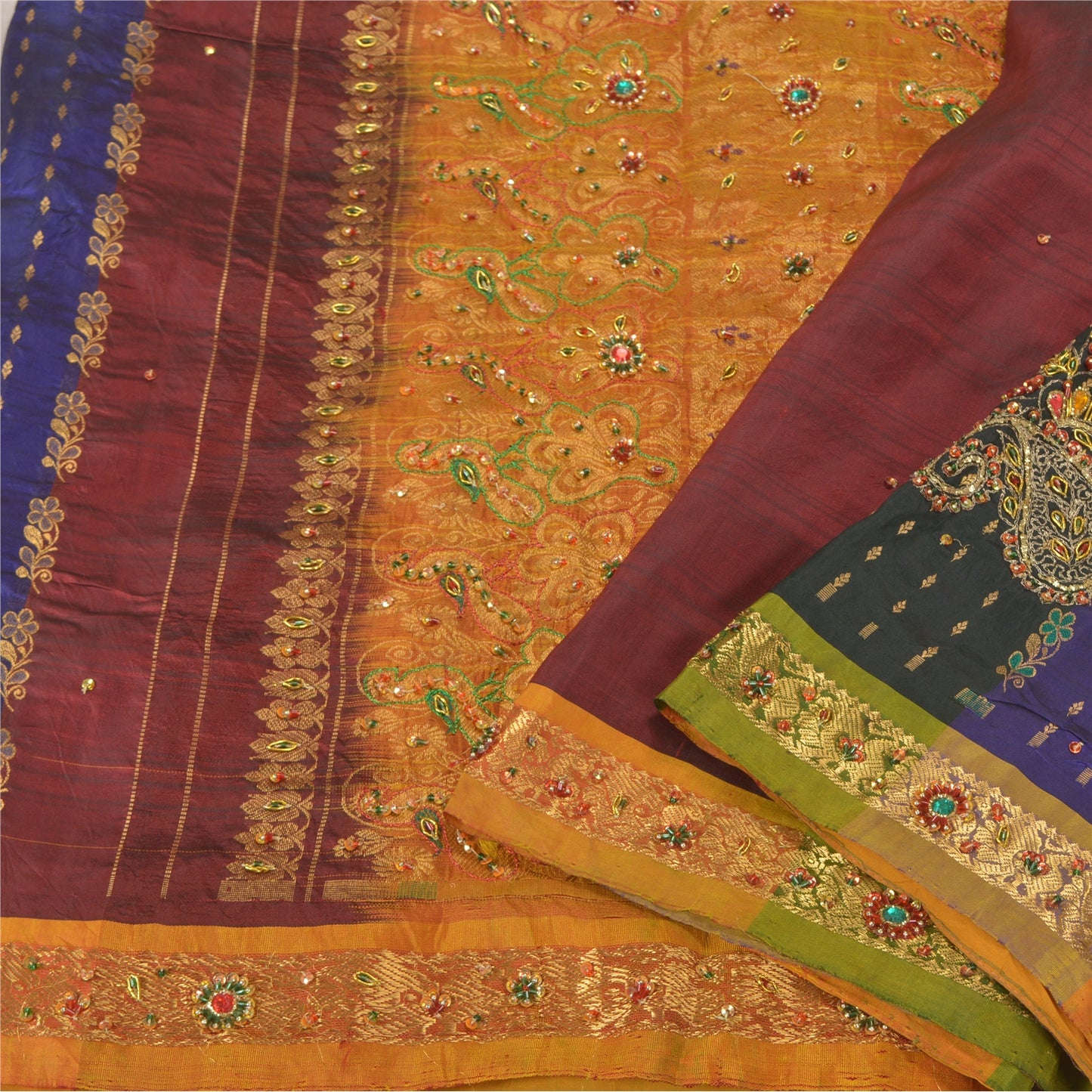 Sanskriti Vintage Sarees Woven Hand Beaded Pure Silk Sari Premium Sustainable Fabric