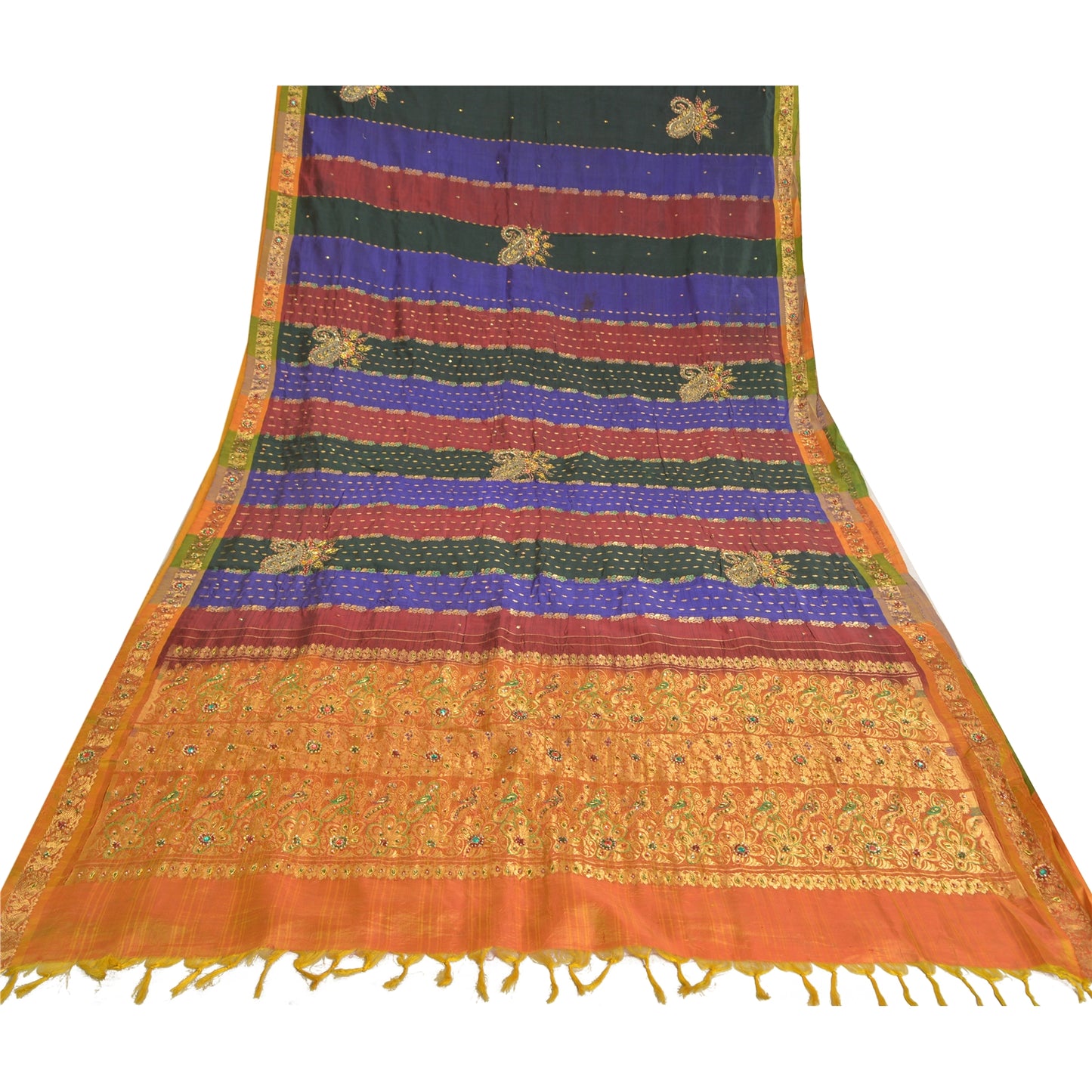 Sanskriti Vintage Sarees Woven Hand Beaded Pure Silk Sari Premium Sustainable Fabric