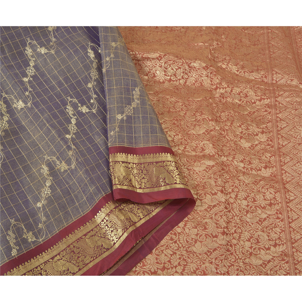 Sanskriti Vintage Heavy Sarees Blue Pure Tissue Silk Woven Brocade Sari Fabric