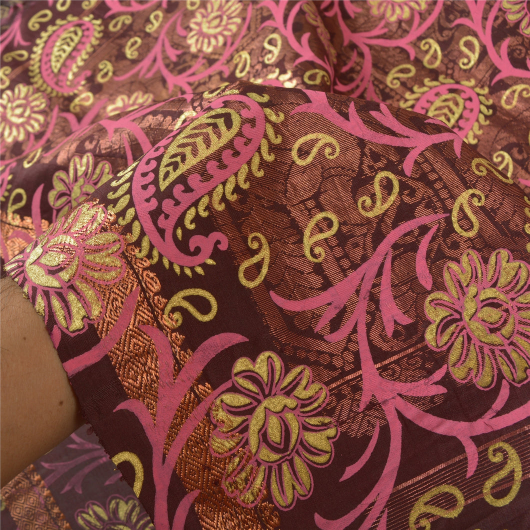 Sanskriti Vintage Brown Heavy Wedding Sarees Pure Silk Woven/Painted Sari Fabric