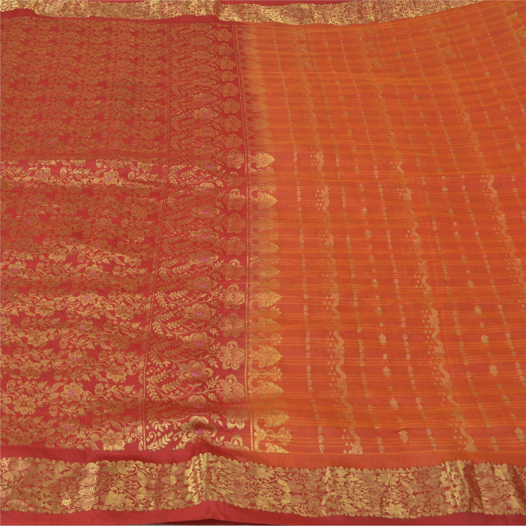 Sanskriti Vintage Dark Red Heavy Sarees 100% Pure Silk Woven Brocade Sari Fabric
