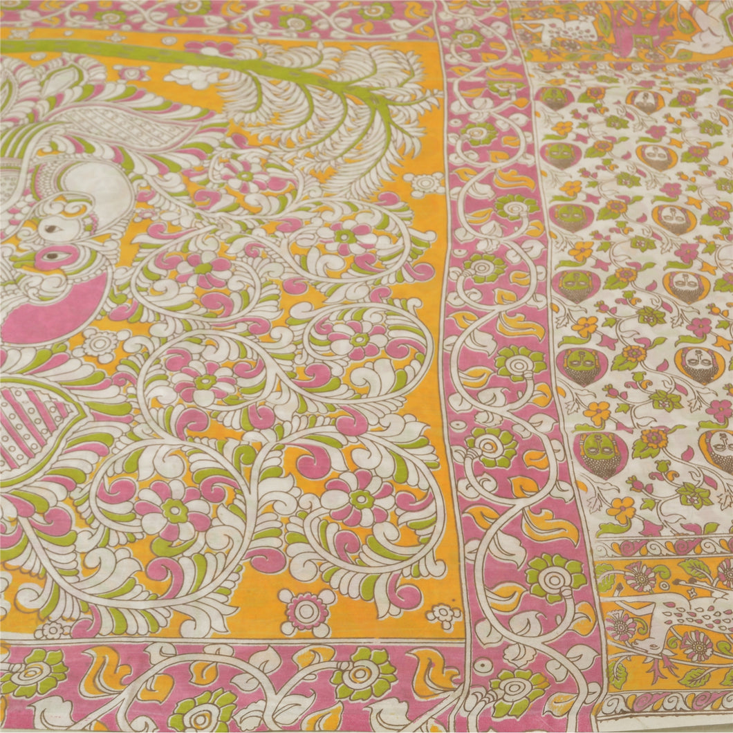 Sanskriti Vintage Ivory Indian Sarees Cotton Silk Kalamkari Peacock Sari Fabric