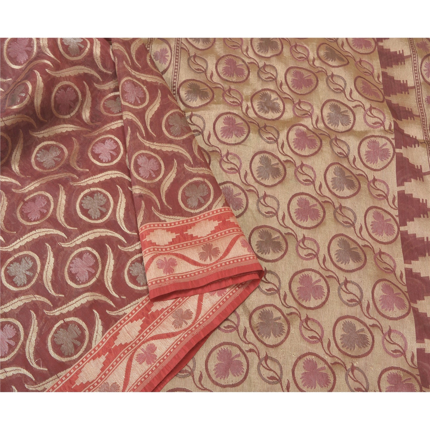 Санскрити Винтаж Темно-красный Тяжелый Индийский Сари Смесовый Шелковый Тканый Сари Экологичная Ткань