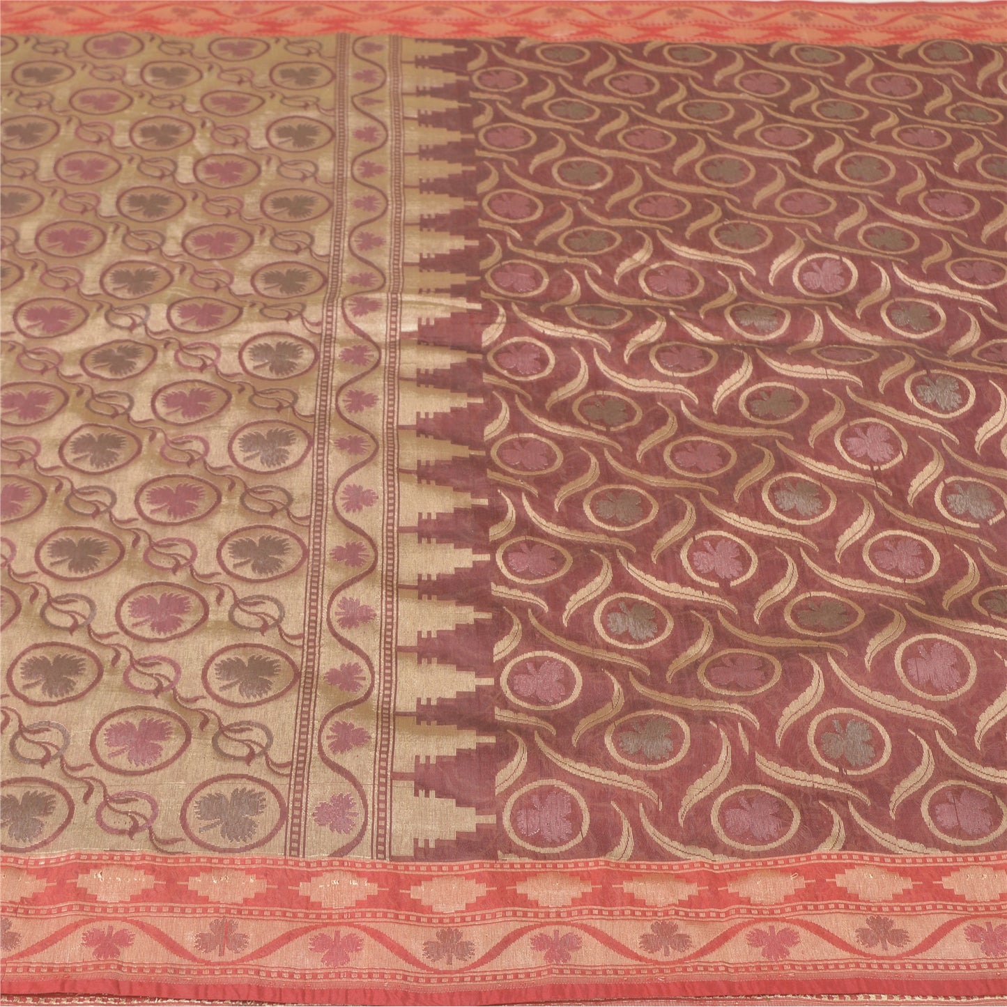 Санскрити Винтаж Темно-красный Тяжелый Индийский Сари Смесовый Шелковый Тканый Сари Экологичная Ткань