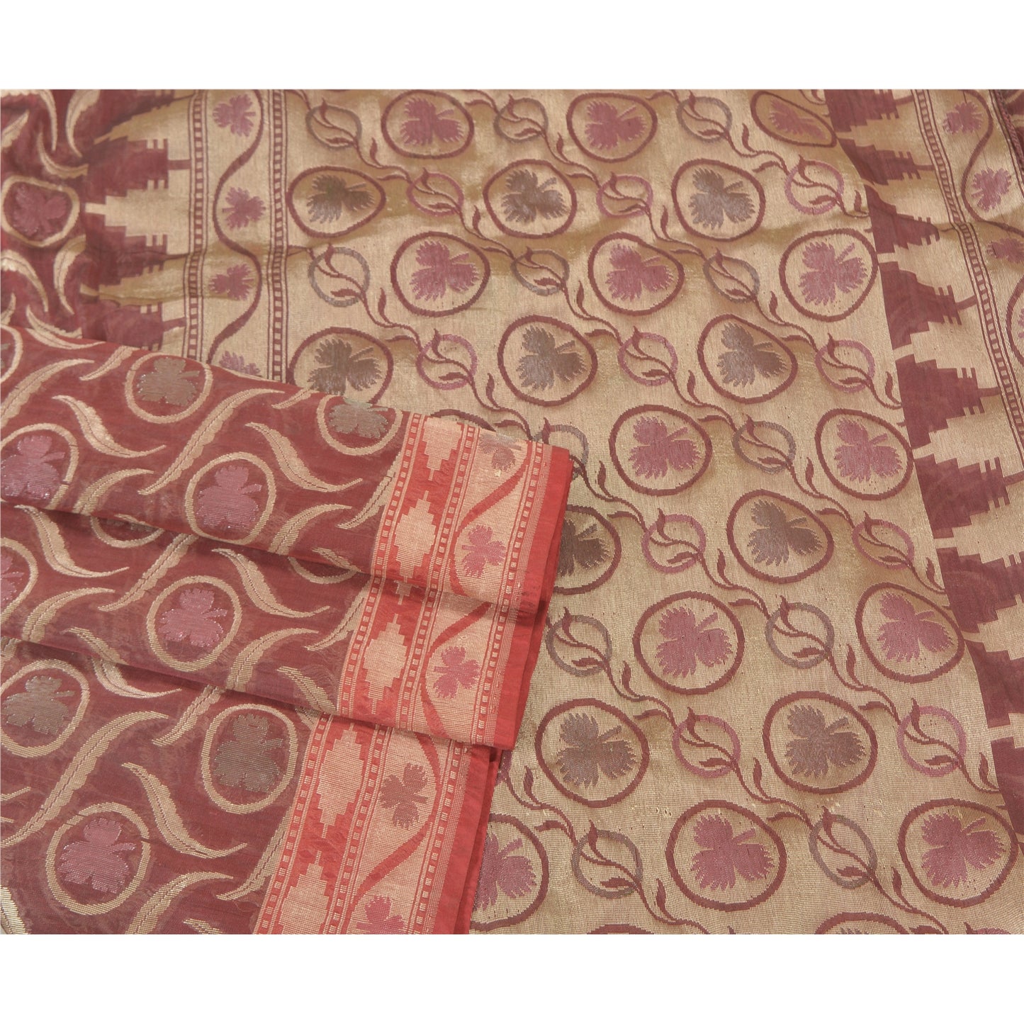 Санскрити Винтаж Темно-красный Тяжелый Индийский Сари Смесовый Шелковый Тканый Сари Экологичная Ткань