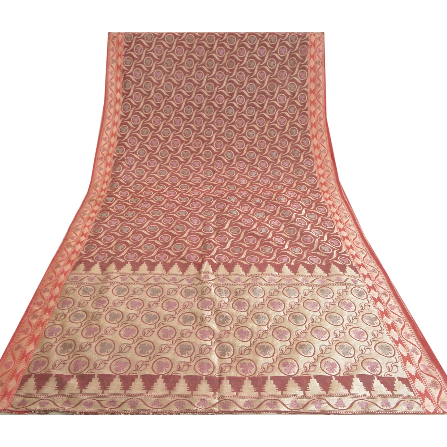 Санскрити Винтаж Темно-красный Тяжелый Индийский Сари Смесовый Шелковый Тканый Сари Экологичная Ткань