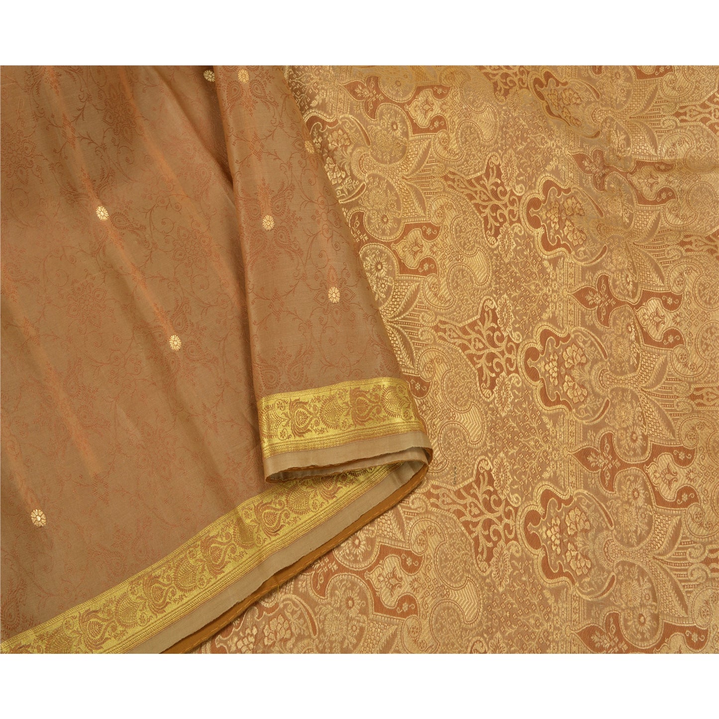 Sanskriti Vintage Heavy Brown Sarees Pure Organza Silk Woven Brocade Sari Sustainable Fabric