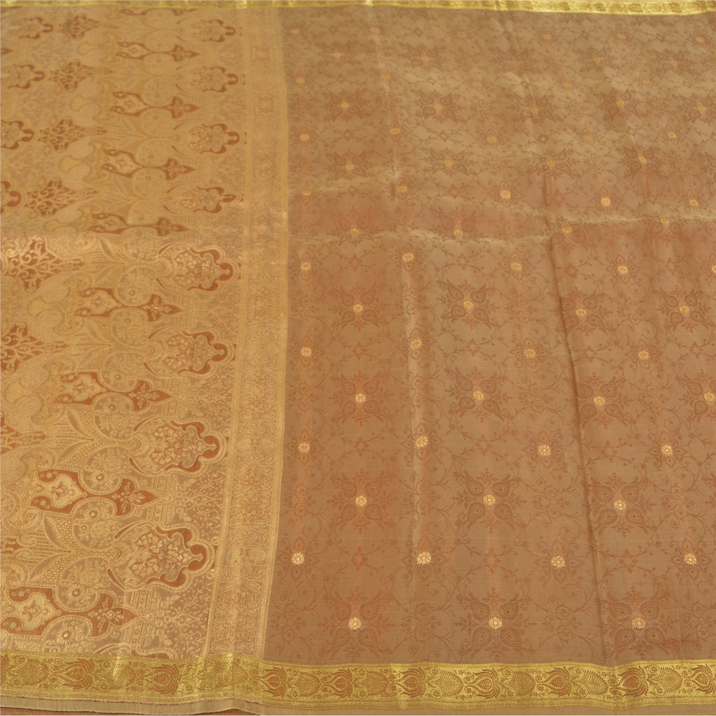 Sanskriti Vintage Heavy Brown Sarees Pure Organza Silk Woven Brocade Sari Sustainable Fabric