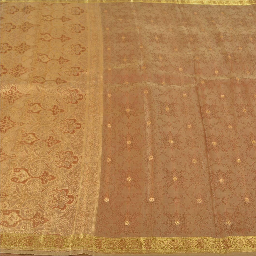 Sanskriti Vintage Heavy Brown Sarees Pure Organza Silk Woven Brocade Sari Fabric
