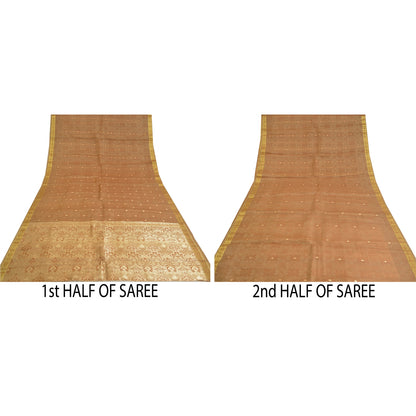 Sanskriti Vintage Heavy Brown Sarees Pure Organza Silk Woven Brocade Sari Sustainable Fabric