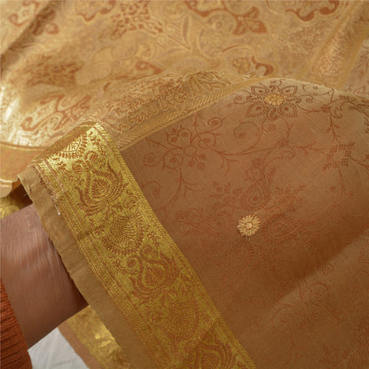 Sanskriti Vintage Heavy Brown Sarees Pure Organza Silk Woven Brocade Sari Sustainable Fabric