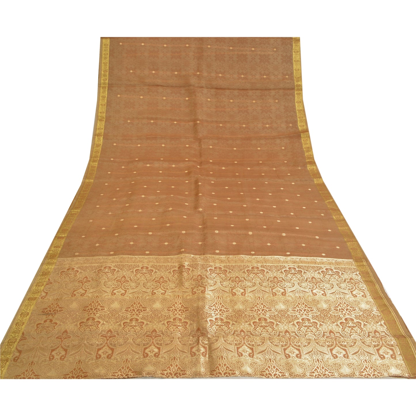 Sanskriti Vintage Heavy Brown Sarees Pure Organza Silk Woven Brocade Sari Sustainable Fabric