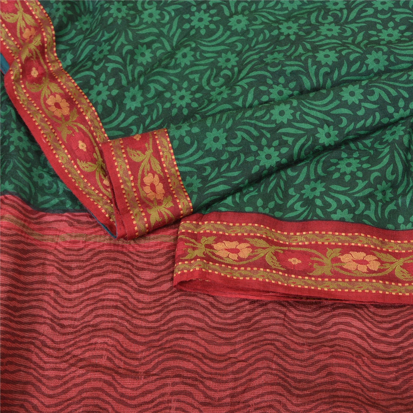 Sanskriti Vintage Green Heavy Indian Sarees 100% Pure Silk Printed Sari Sustainable Fabric