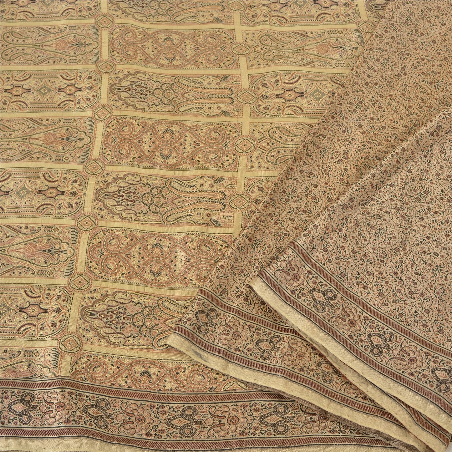 Sanskriti Vintage Ivory Heavy Indian Sarees Pure Satin Silk Woven Sari Sustainable Fabric