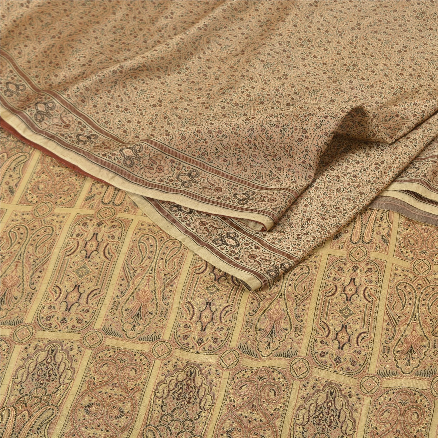 Sanskriti Vintage Ivory Heavy Indian Sarees Pure Satin Silk Woven Sari Sustainable Fabric