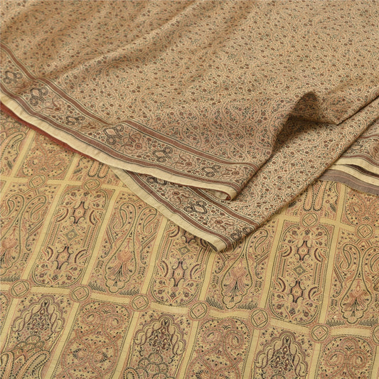 Sanskriti Vintage Ivory Heavy Indian Sarees Pure Satin Silk Woven Sari Sustainable Fabric