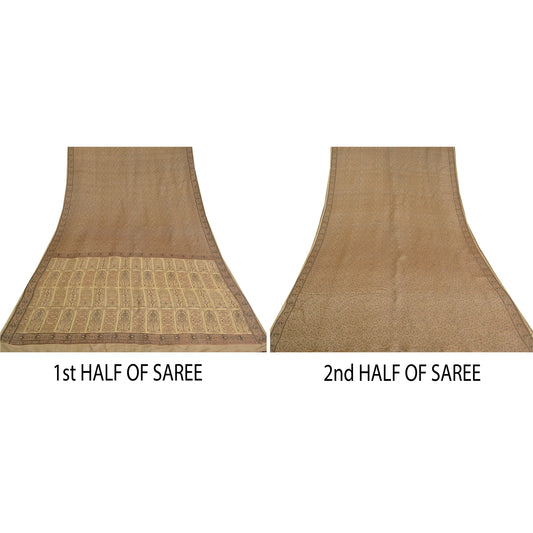 Sanskriti Vintage Ivory Heavy Indian Sarees Pure Satin Silk Woven Sari Sustainable Fabric