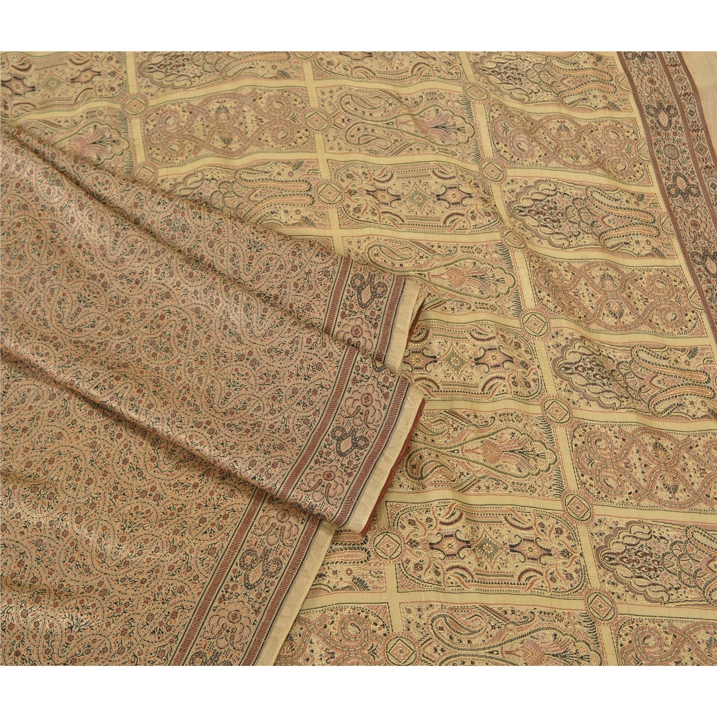 Sanskriti Vintage Ivory Heavy Indian Sarees Pure Satin Silk Woven Sari Sustainable Fabric