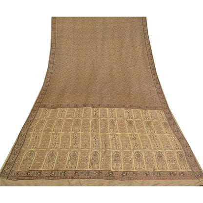 Sanskriti Vintage Ivory Heavy Indian Sarees Pure Satin Silk Woven Sari Sustainable Fabric