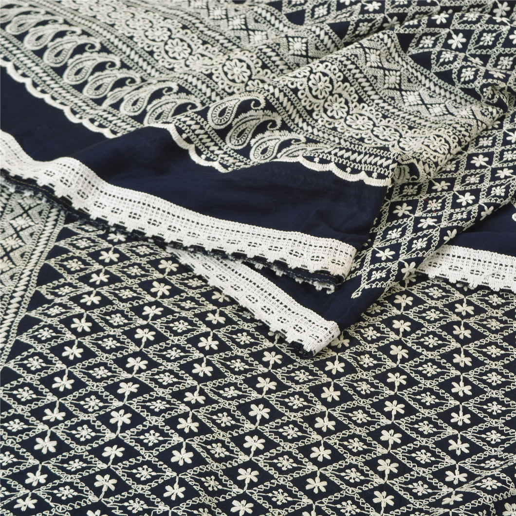 Sanskriti Vintage Blue Heavy Sarees Pure Cotton Handmade Chikankari Sari Fabric
