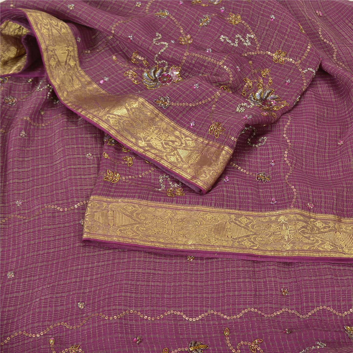 Sanskriti Vintage Heavy Sarees Pure Georgette Silk Hand Beaded Woven Sari Sustainable Fabric