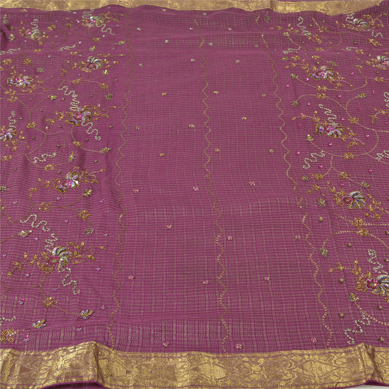 Sanskriti Vintage Purple 100% Pure Georgette Silk Saree: Hand-Beaded Zardozi Antique Fabric Create- Upcycled Sarongs, Scarves, or Stoles