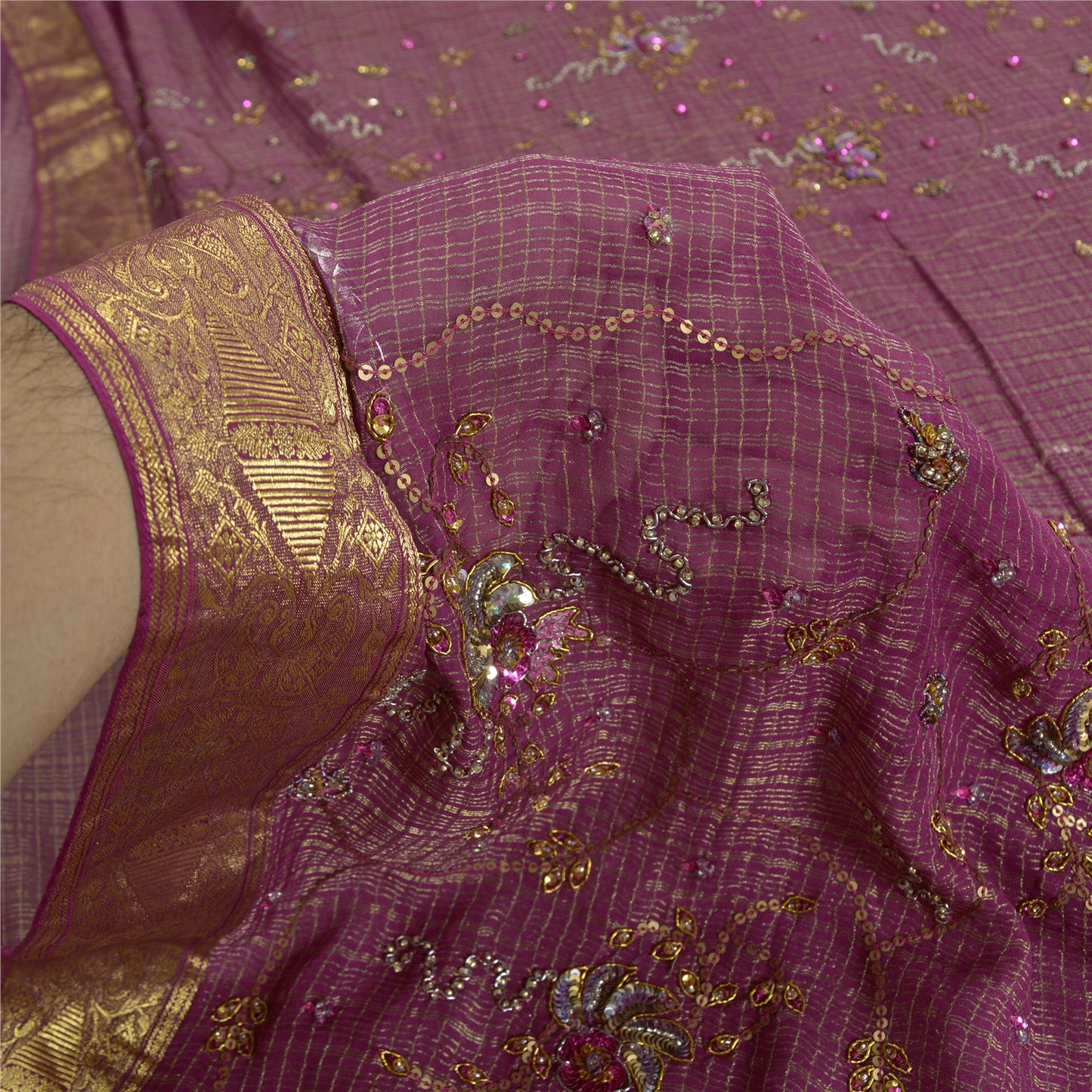 Sanskriti Vintage Heavy Sarees Pure Georgette Silk Hand Beaded Woven Sari Sustainable Fabric