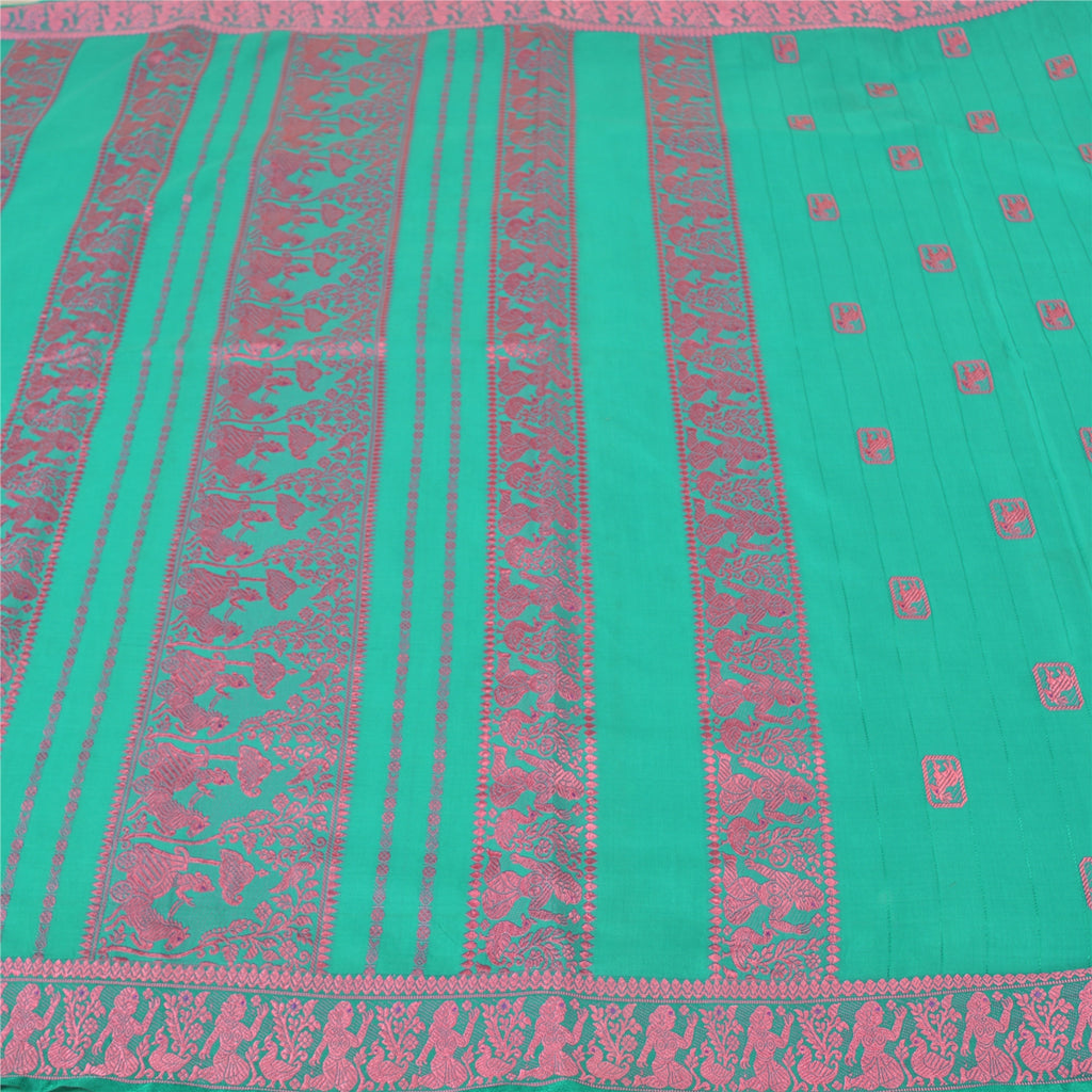 Санскритские винтажные зеленые тяжелые сари из 100% чистого шелка, тканые сари Балучари, экологически чистая ткань