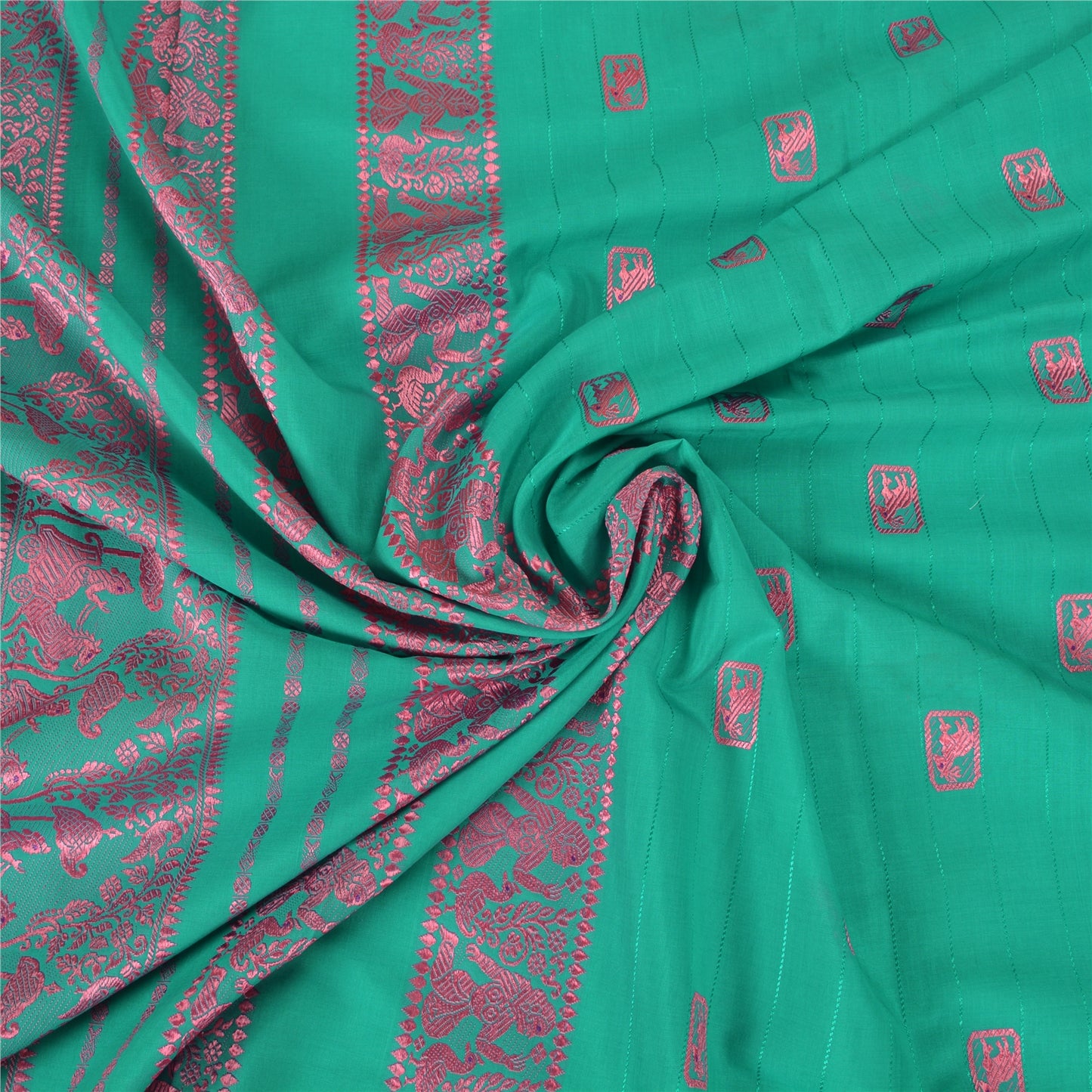 Санскритские винтажные зеленые тяжелые сари из 100% чистого шелка, тканые сари Балучари, экологически чистая ткань