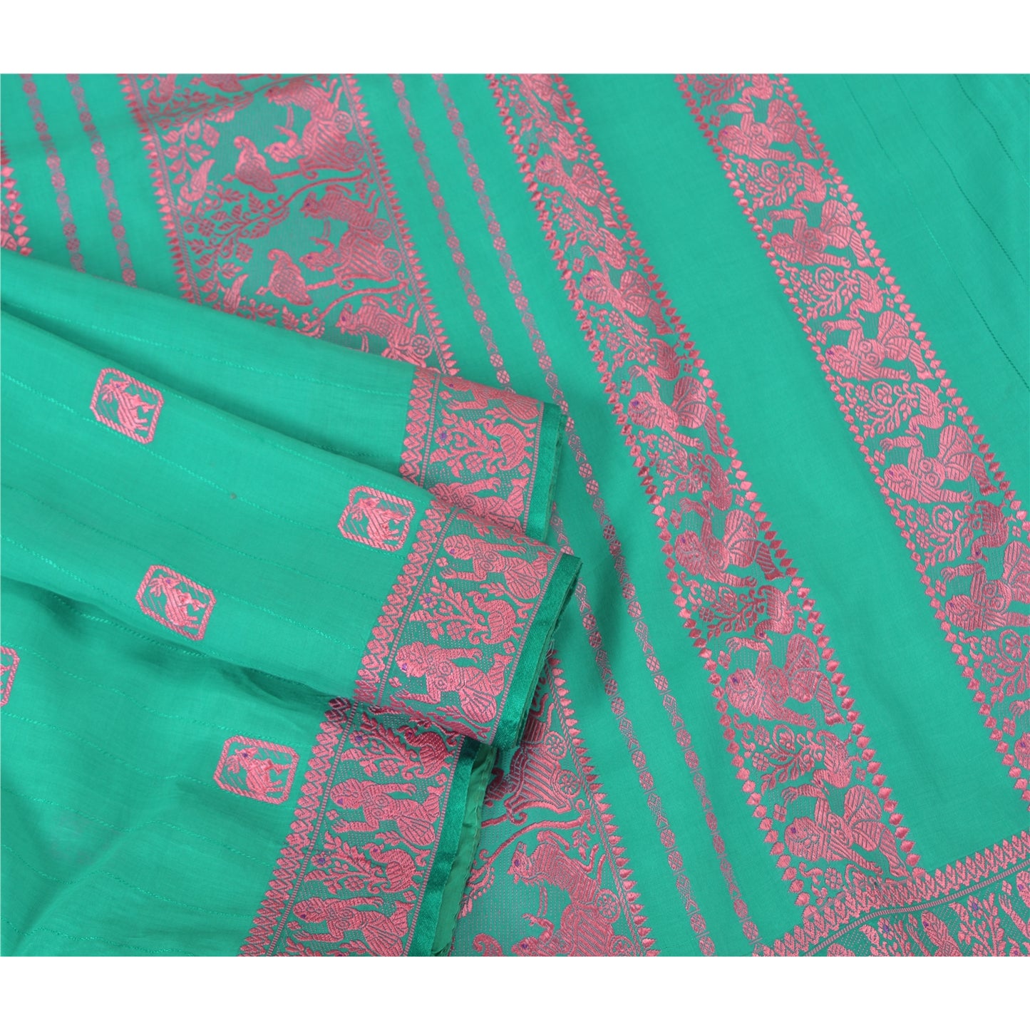 Санскритские винтажные зеленые тяжелые сари из 100% чистого шелка, тканые сари Балучари, экологически чистая ткань