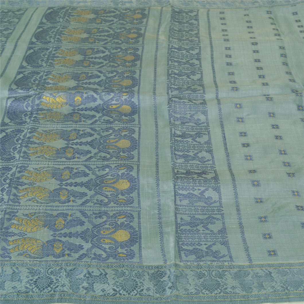 Sanskriti Vintage Grey Heavy Sarees 100% Pure Silk Woven Baluchari Sari Fabric